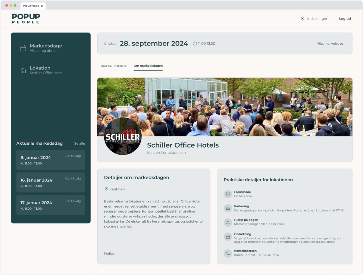Vendor bid management list under the bids tab showing repeated product cards with title, description, category tag, image, and a "VƦlg udstiller" action.